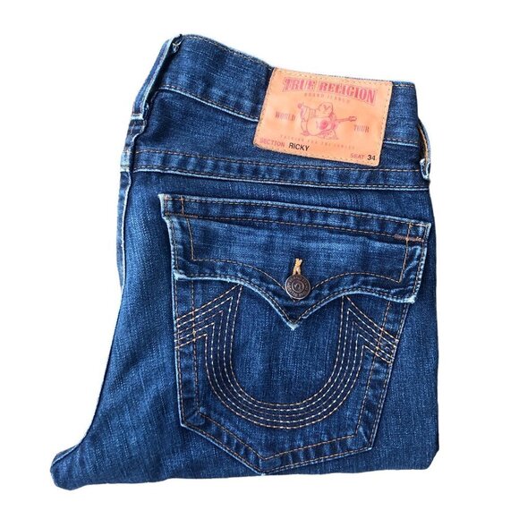 Vintage True Religion Jeans Size 34 RICKY Blue 5 Stitch Horshoe - Picture 1 of 10